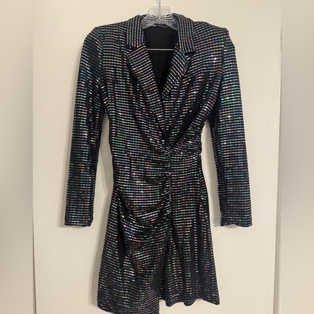 Zara blazer style mini dress, black with sparkle and shoulder pads, size 4